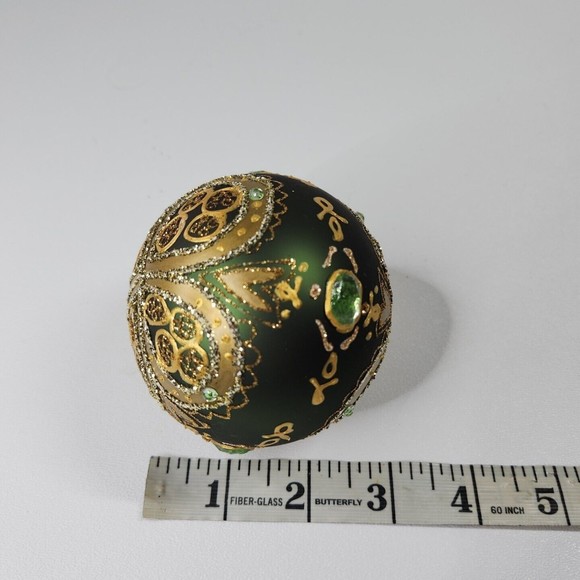 Hand Painted Green Gold Gem Glitter Christmas Tree Bulb Glass Ornament - Picture 7 of 7